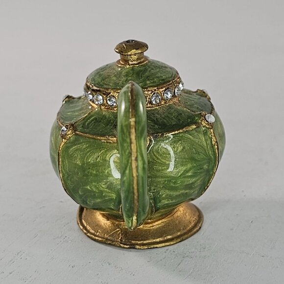Miniature Green Teapot Candle Snuffer Rhinestone Accents Gold Trim Lead Enamel - Picture 4 of 9